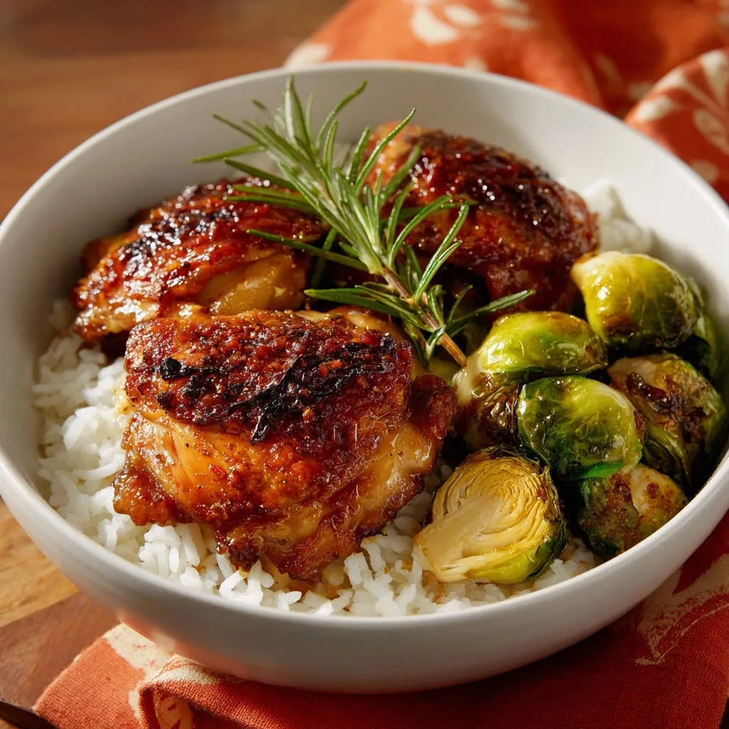 Glazed chicken thighs and roasted Brussels sprouts served in a bowl over rice, with a rosemary sprig garnish.