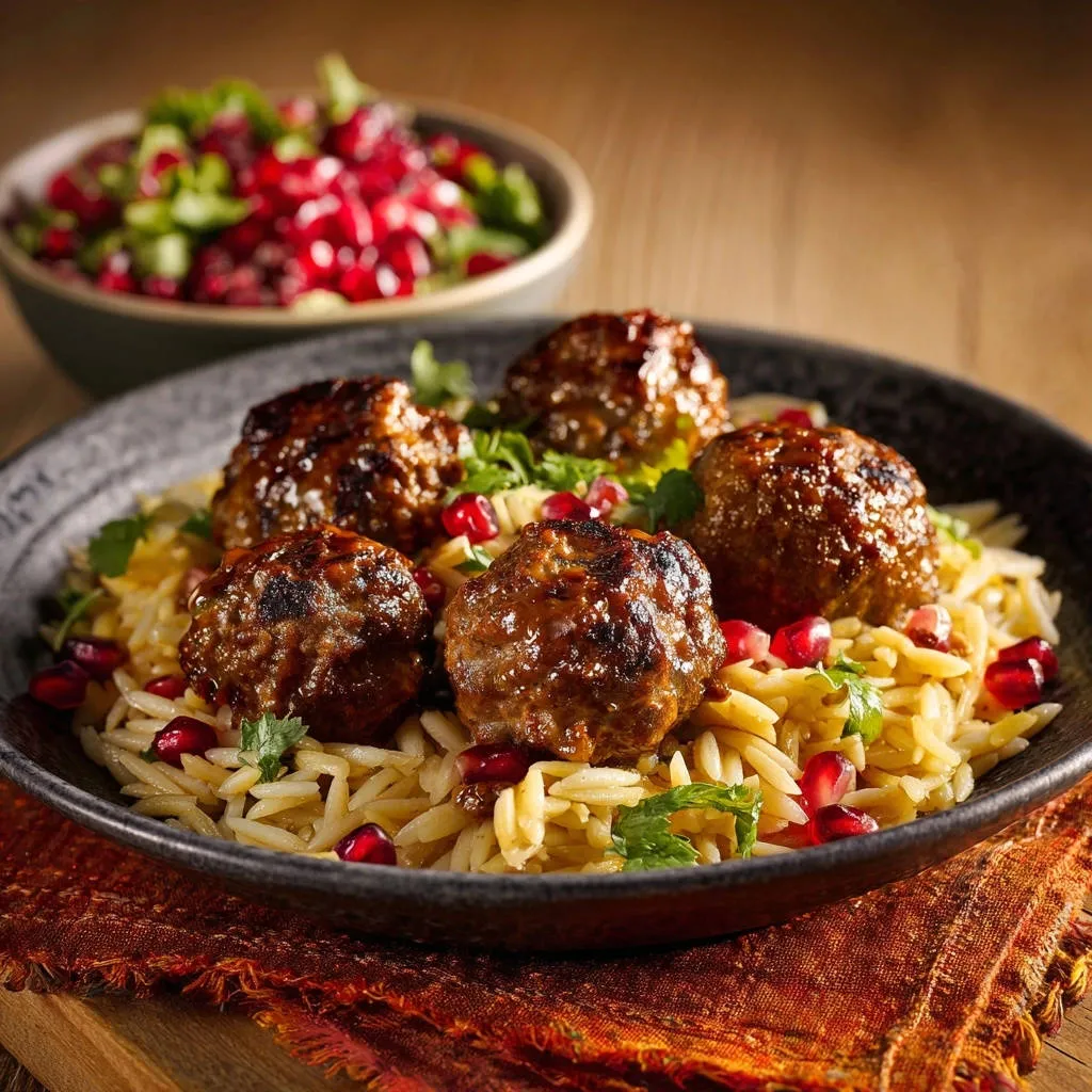 Glazed meatballs with orzo, a close-up view featuring fresh pomegranate seeds and parsley garnish.