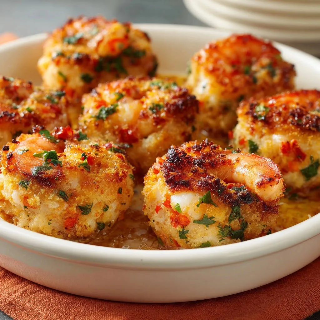 Golden baked stuffed shrimp are presented in a white dish, with a close-up view of the crispy, golden-brown exterior and visible herbs.