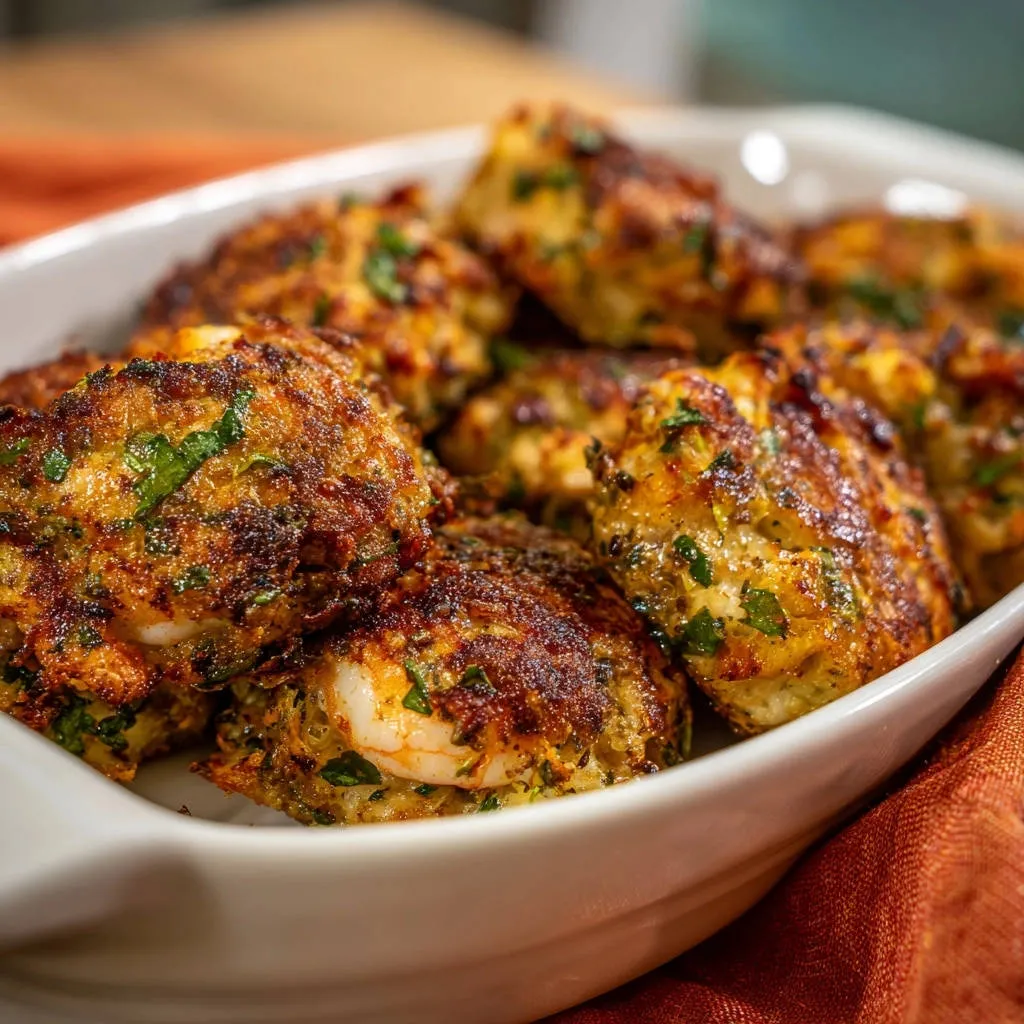 Golden baked stuffed shrimp shown in a casserole dish with a close-up view highlighting the crispy exterior texture.