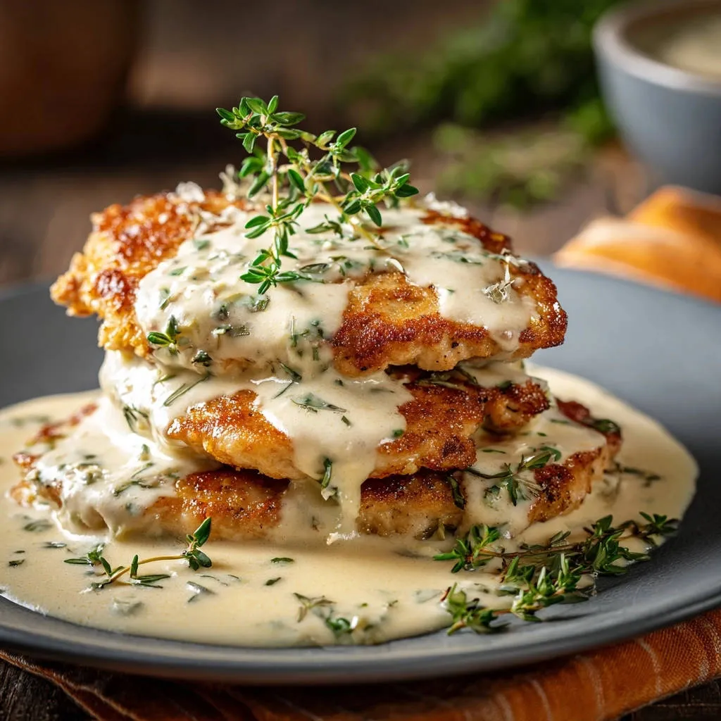Golden chicken cutlets with creamy thyme sauce stacked high and drizzled, garnished with fresh thyme sprigs.