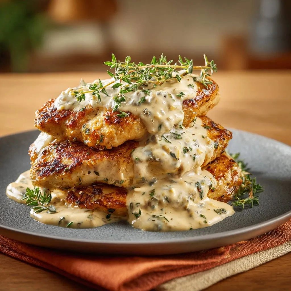Golden chicken cutlets with creamy thyme sauce stacked on a plate, garnished with fresh thyme sprigs.