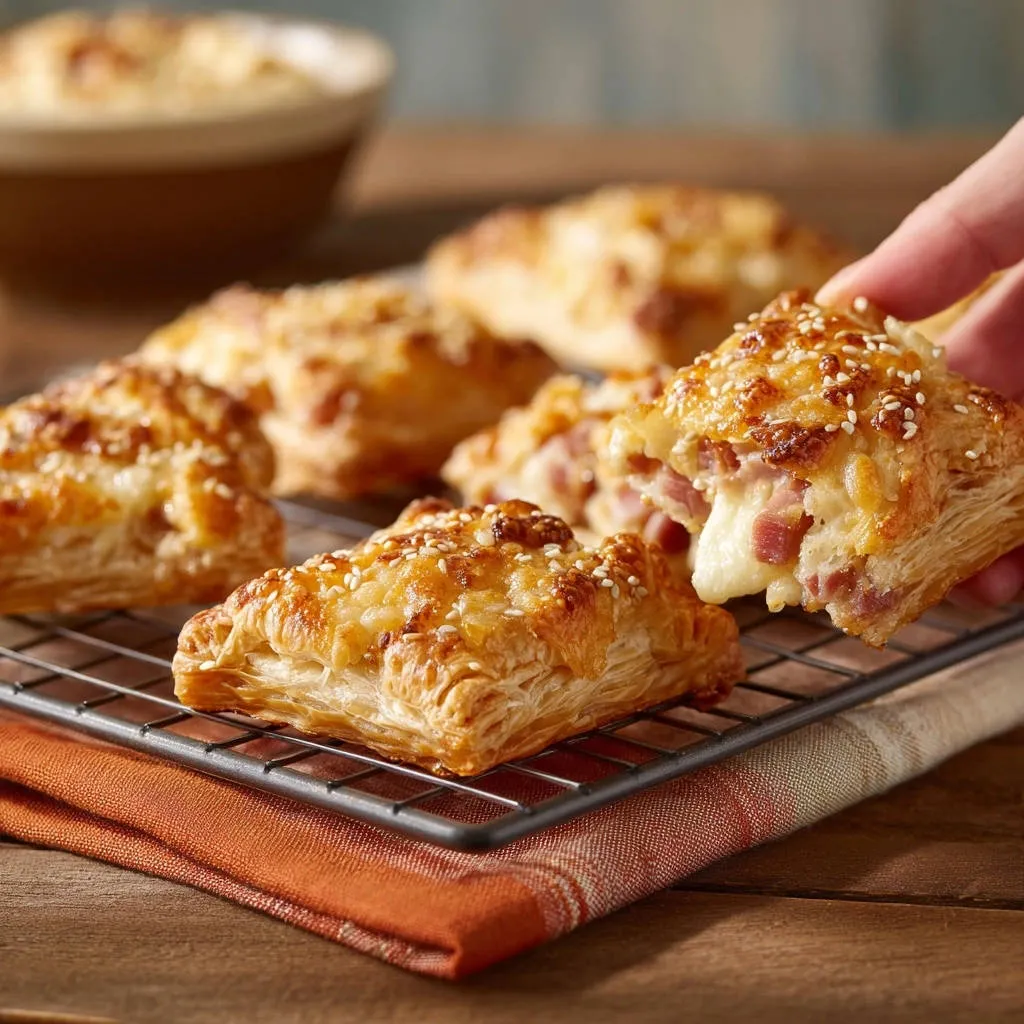 Golden ham and cheese pastry pockets shown in a close-up cross-section revealing the melted cheese and ham filling.