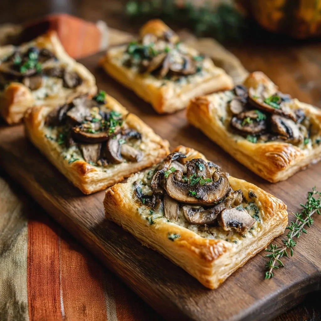 Golden mushroom and herb tarts with flaky pastry displayed on a wooden board, a close-up view.