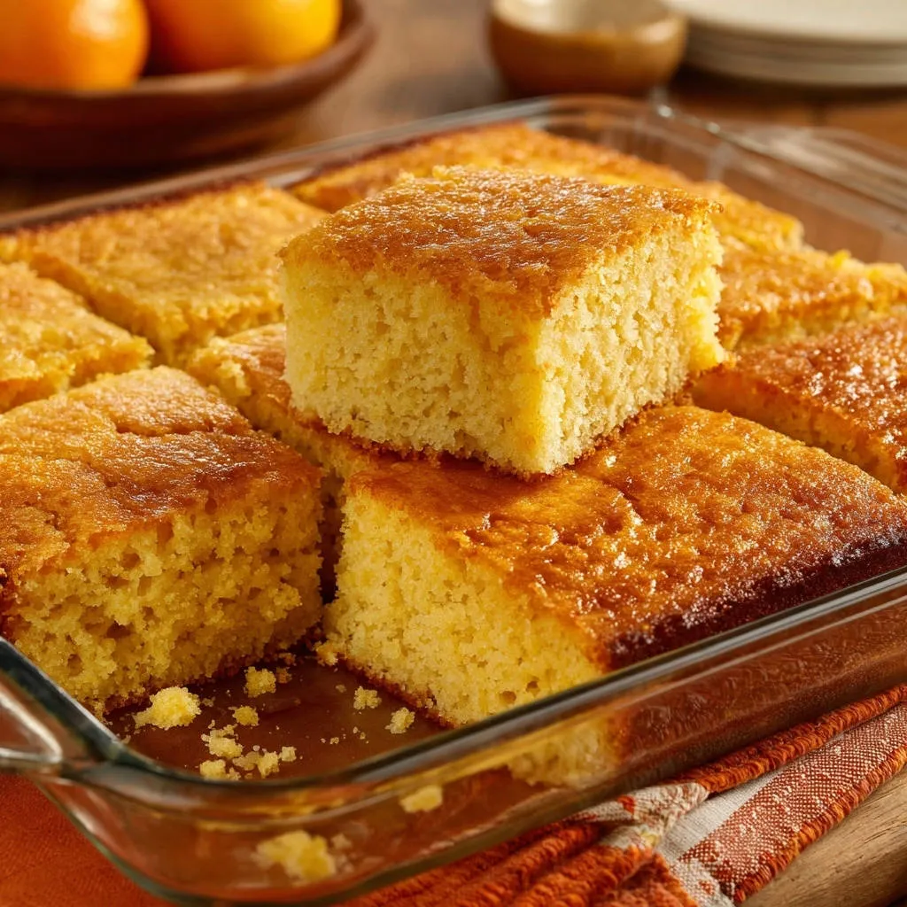 Golden orange glazed cornbread with stacked slices in a glass baking dish, showcasing moist texture.