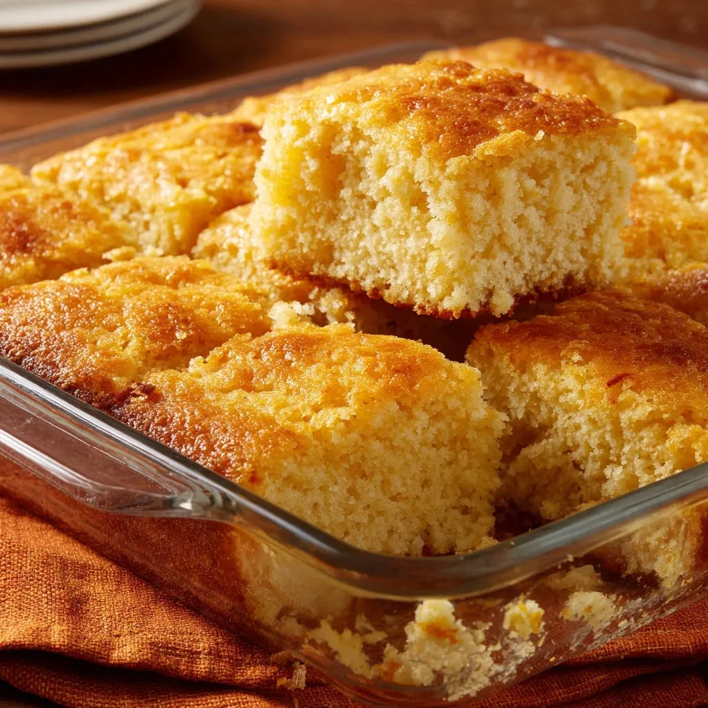 Golden orange glazed cornbread shown as a close-up of a moist interior slice in a glass baking dish.