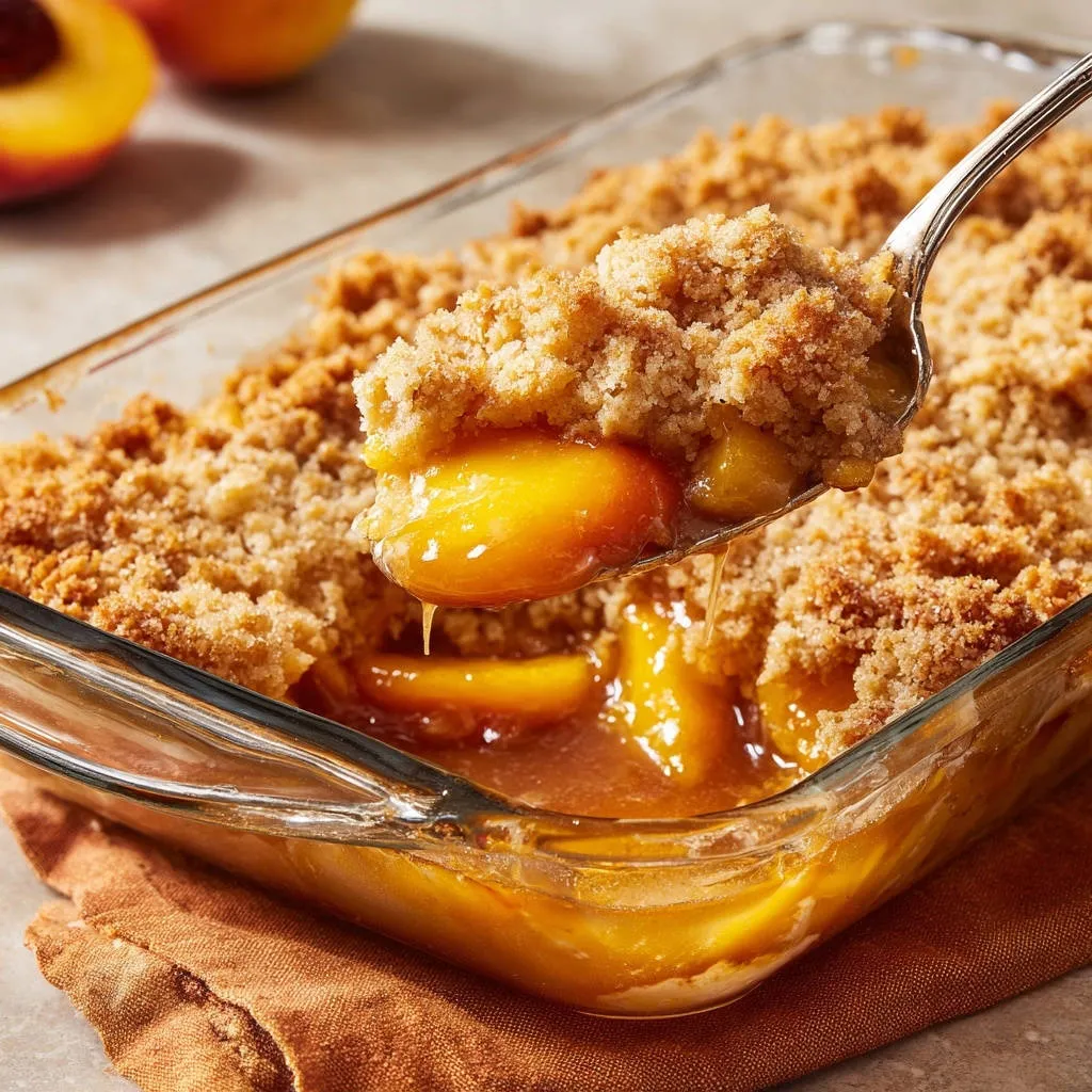 Golden peach crumble with a spoonful lifted, showing the juicy filling and crumb topping.