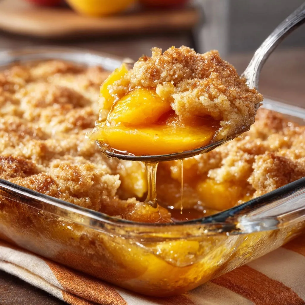 Golden peach crumble with a spoonful of luscious filling and dripping glaze being lifted from the dish.