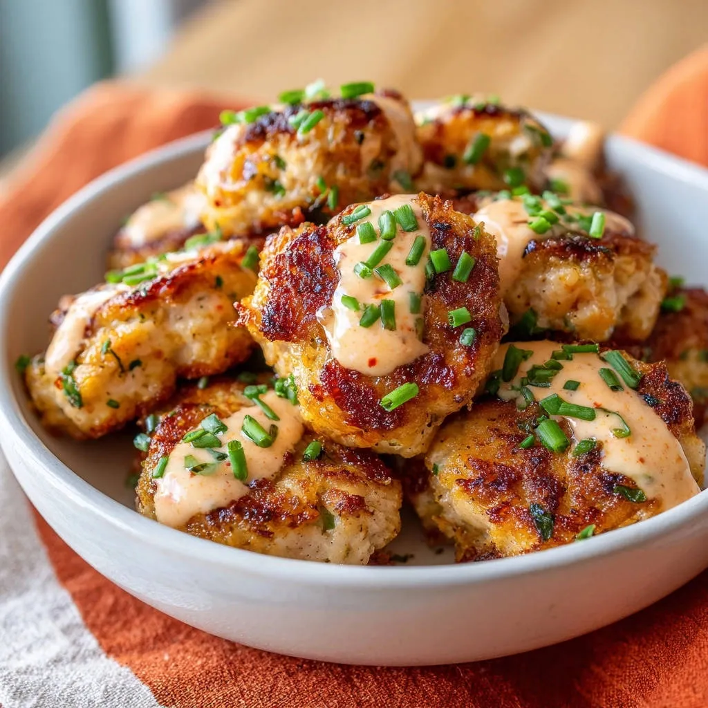 Golden pan-fried seafood cakes with a creamy drizzle and fresh chives garnish in a white bowl.