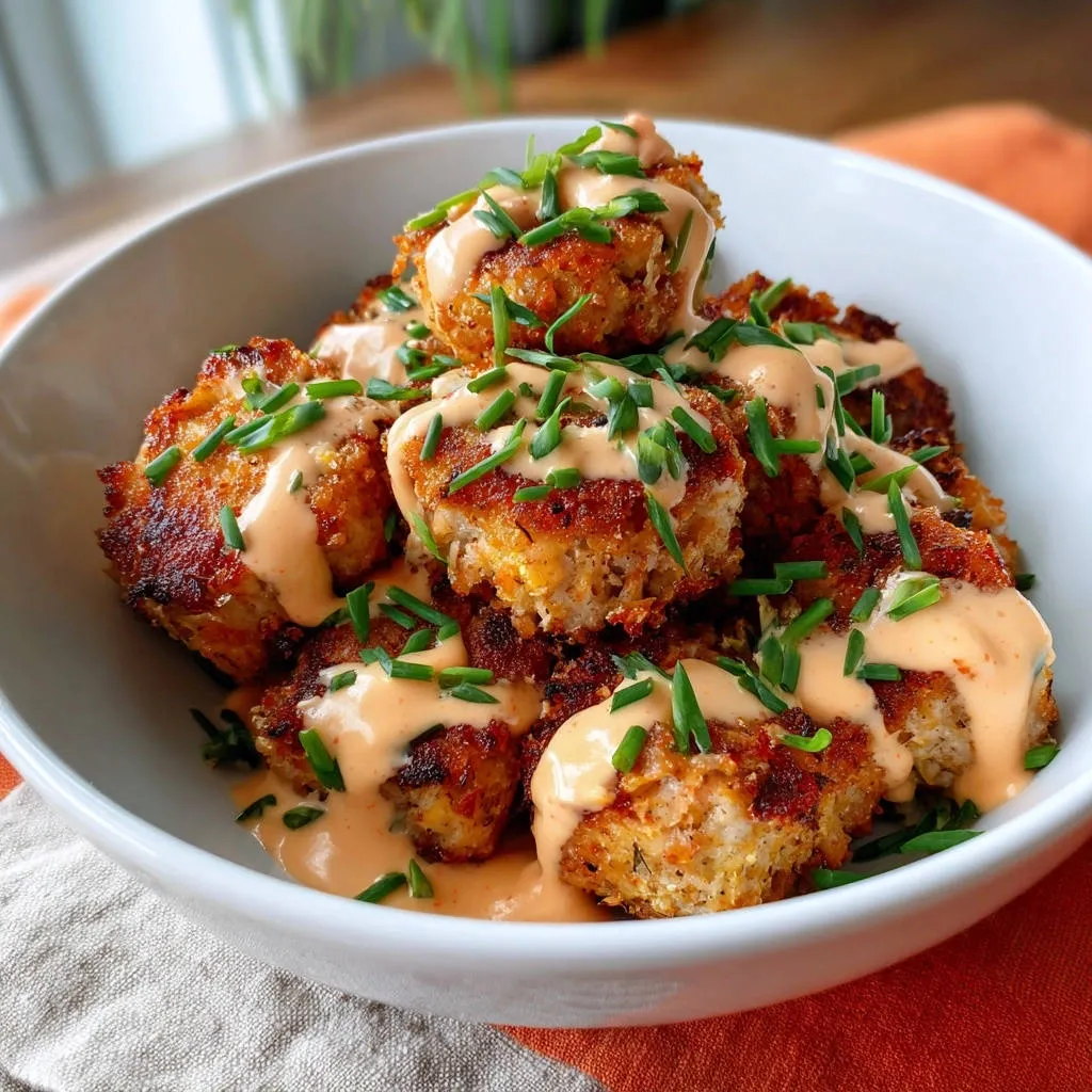 Golden pan-fried seafood cakes with a drizzle of creamy sauce and fresh chives in a white bowl.