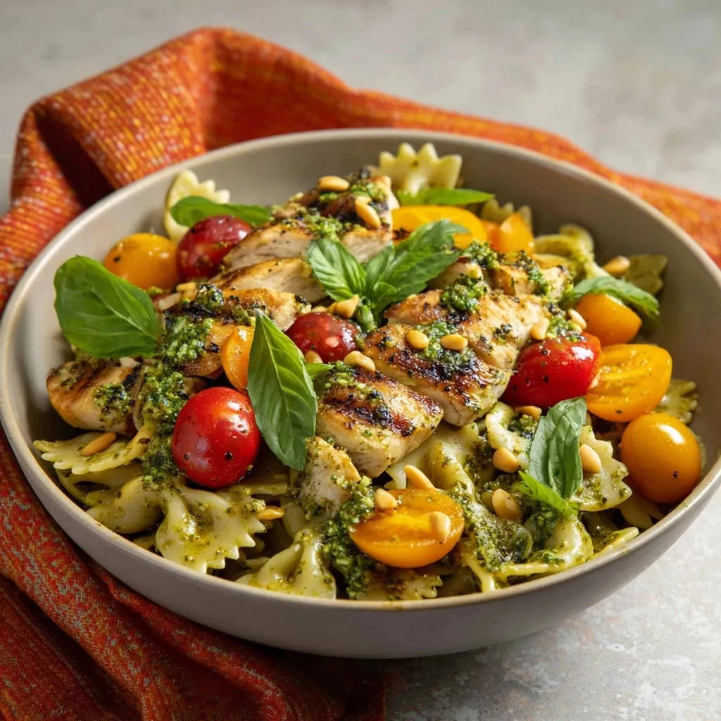 Grilled pesto chicken pasta served in a bowl with cherry tomatoes, basil, and pine nuts, a close-up view.