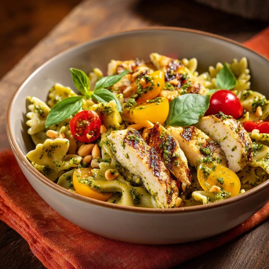 Grilled pesto chicken pasta served in a bowl, featuring farfalle pasta, cherry tomatoes, and basil leaves.