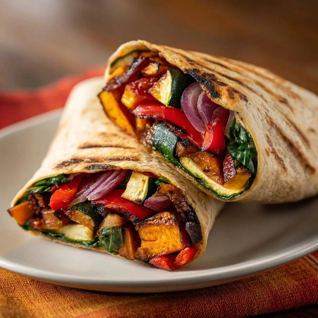 Grilled veggie wraps shown in a close-up cross-section, revealing colorful roasted vegetables and grilled tortilla.