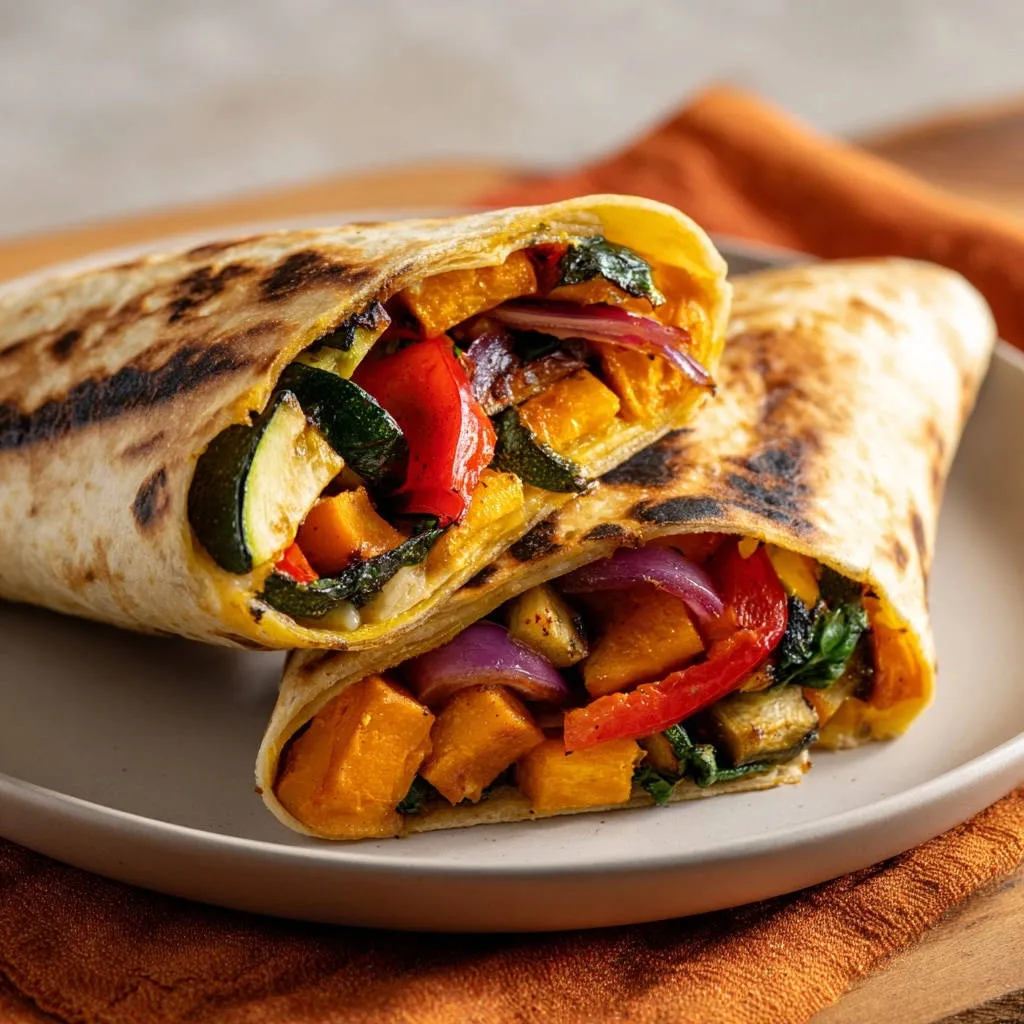 Grilled veggie wraps showing a cross-section of the colorful roasted vegetable filling inside the tortilla.