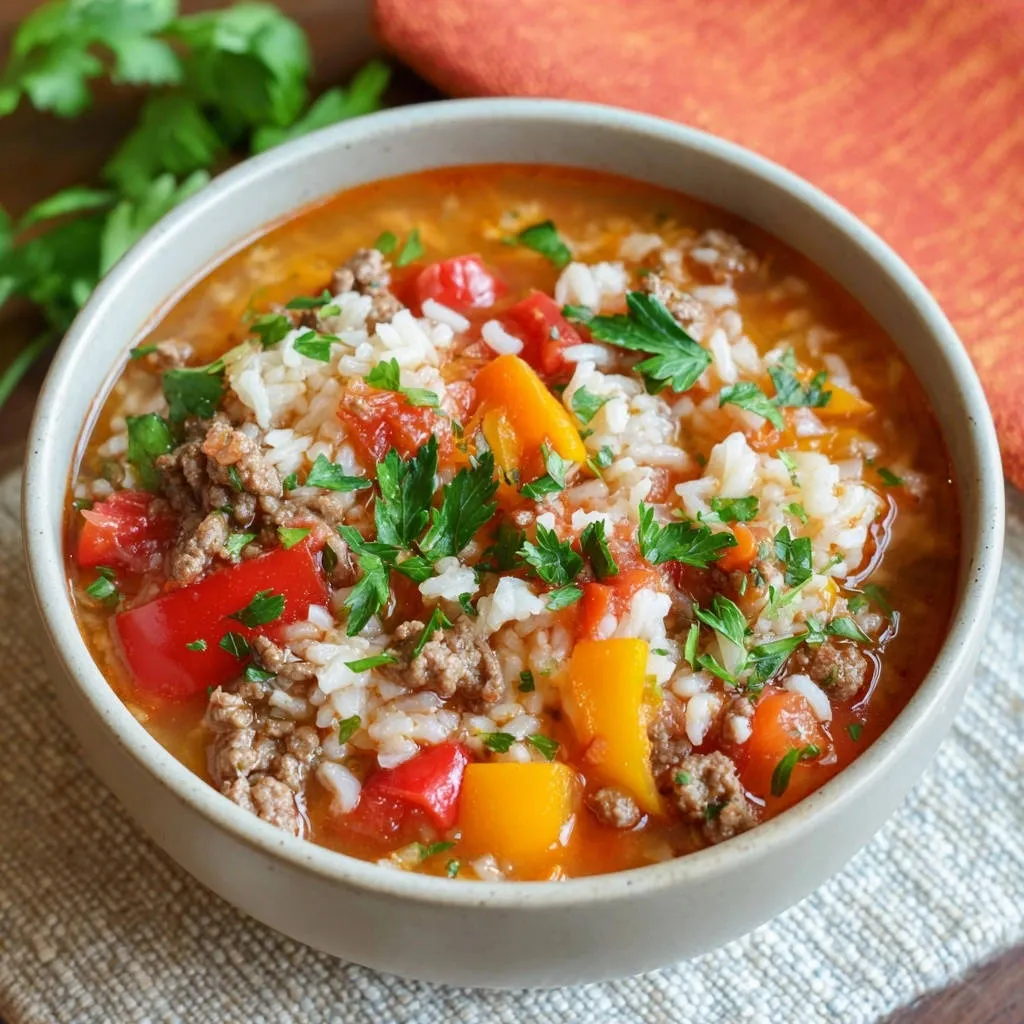 Ground beef and pepper soup in a close-up view of a bowl, showcasing rice, peppers, and parsley.