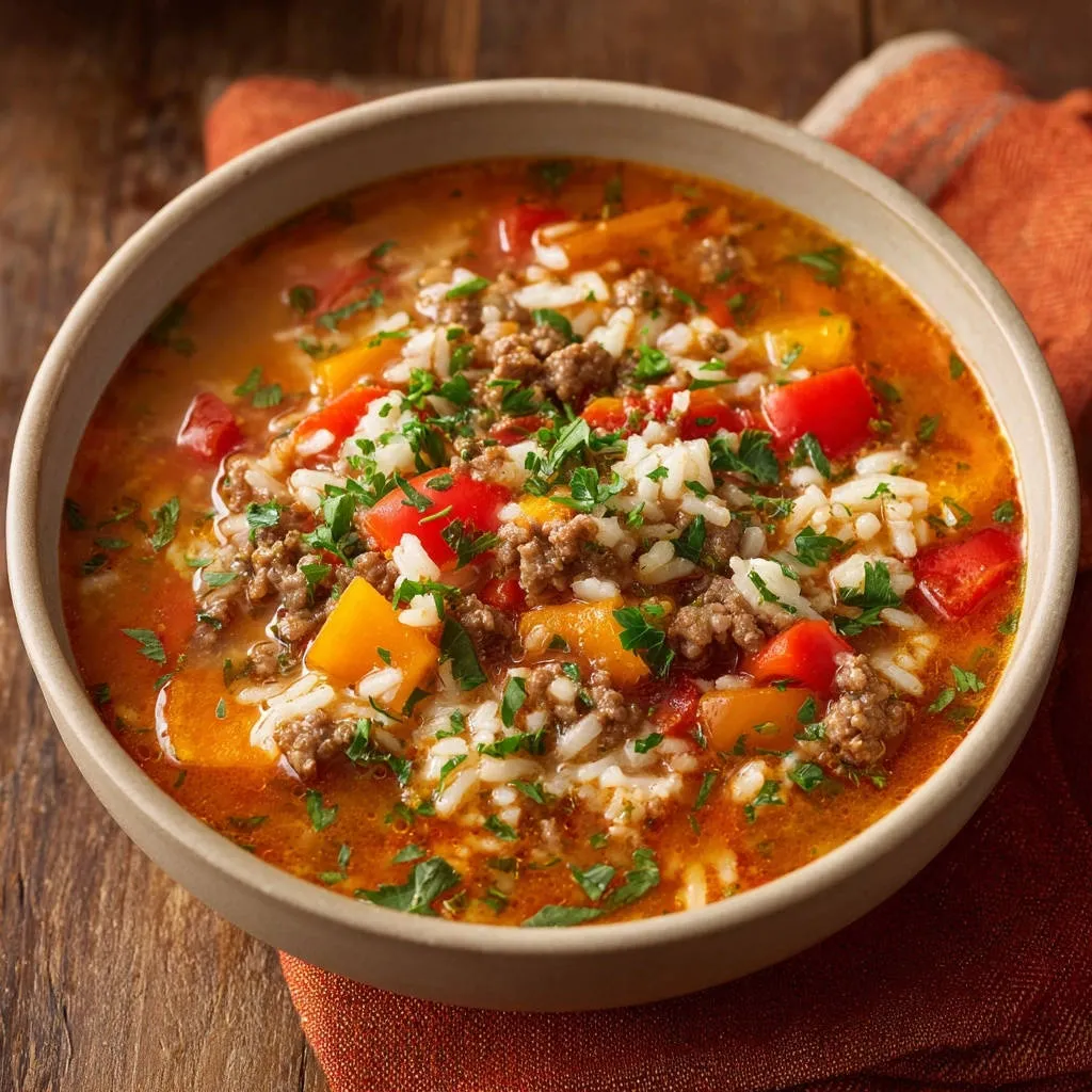 Ground beef and pepper soup with rice and parsley in a rustic bowl, showing a close-up view of the ingredients.