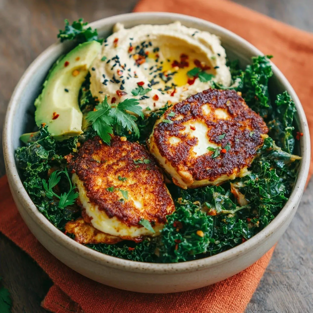 Halloumi Kale Power Bowl featuring golden, crispy pan-fried halloumi cheese and creamy hummus.