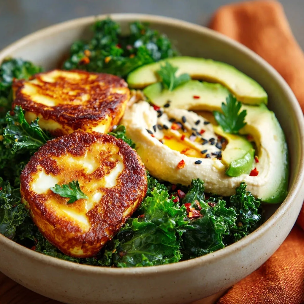 Halloumi Kale Power Bowl featuring golden-fried halloumi cheese and creamy hummus in a rustic bowl.