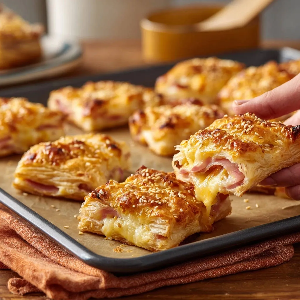 Golden ham & cheese pastry pockets showing a gooey melted cheese pull as one is lifted from the tray.