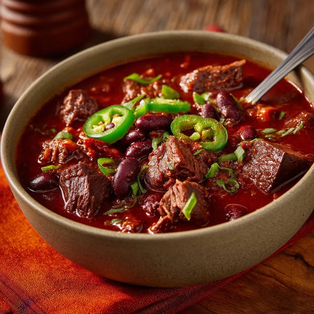 Hearty beef & bean chili served in a bowl, garnished with fresh jalapeño slices and green onions.