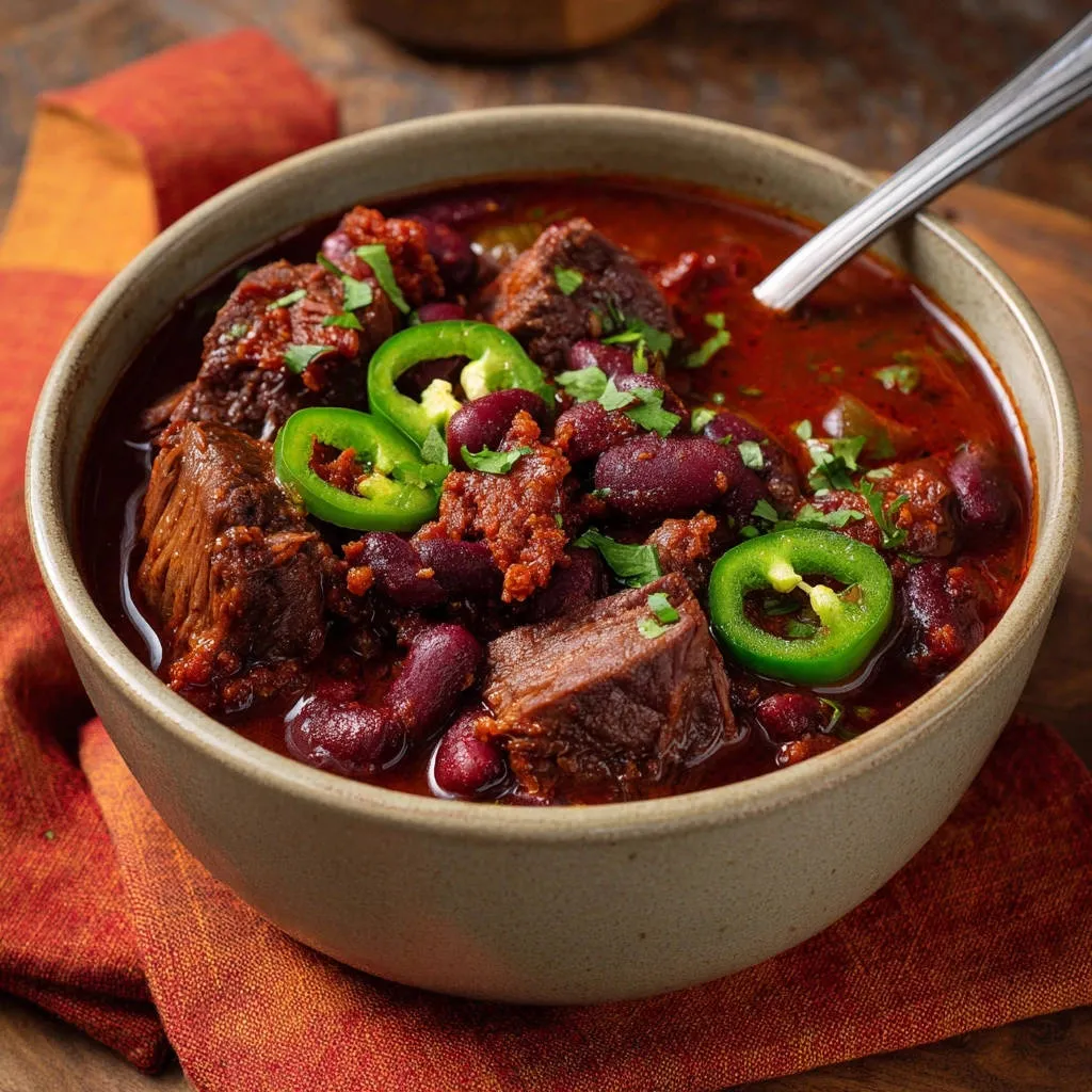 Hearty beef & bean chili in a bowl, garnished with fresh jalapeño slices and cilantro.