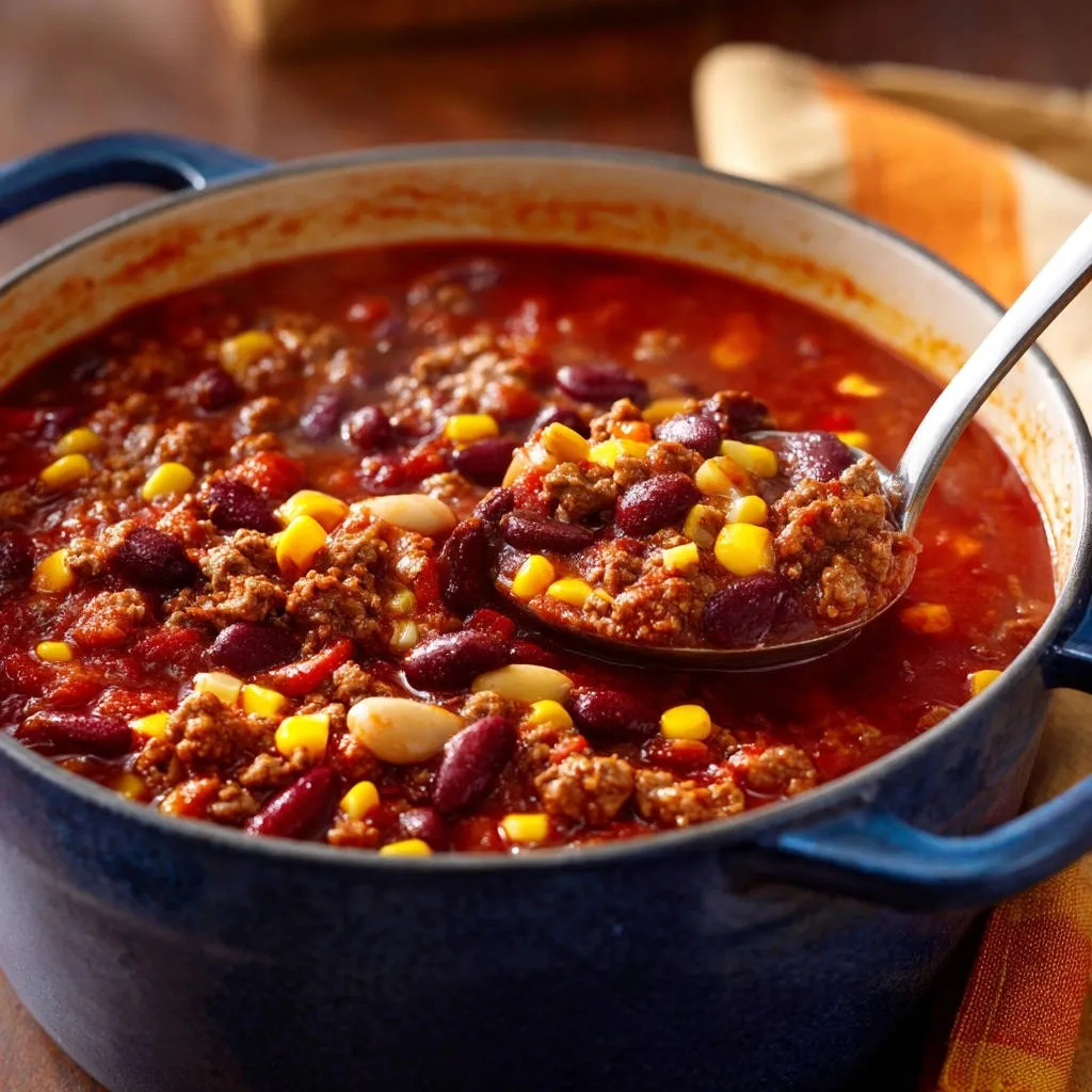 Hearty beef & bean chili with a ladle scooping a generous portion from a blue dutch oven.