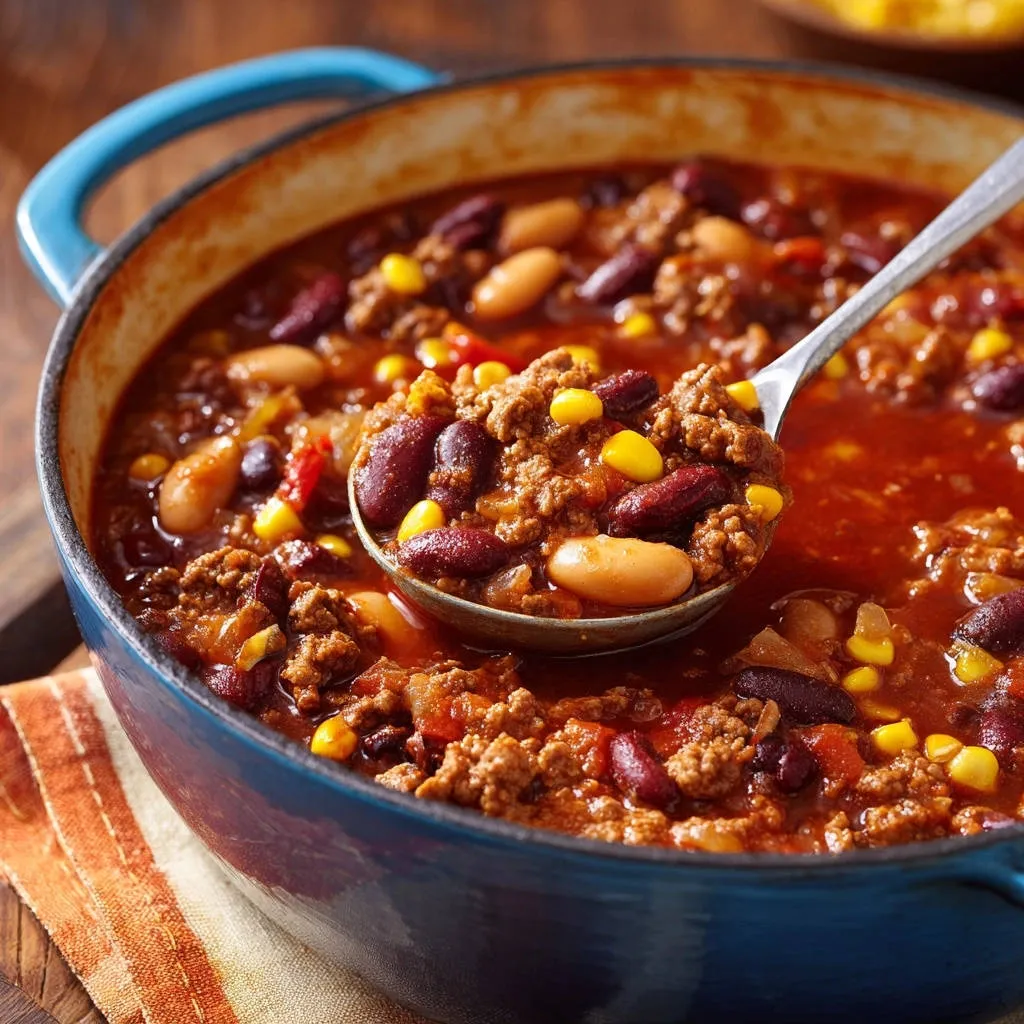 Hearty beef and bean chili shown in a blue pot with a ladle scooping a generous portion.