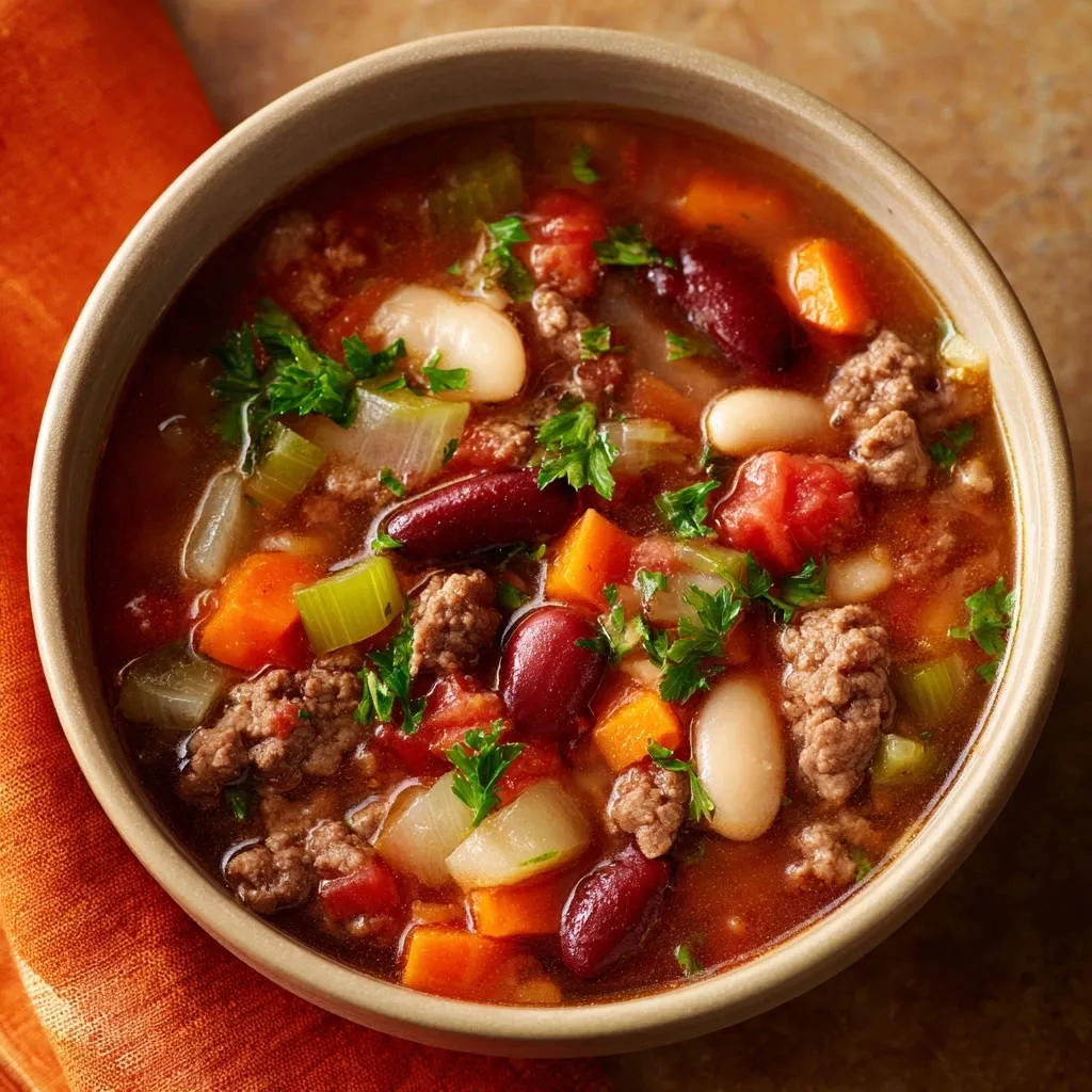 Hearty beef & bean soup in a close-up view of a rustic bowl, showcasing rich broth, tender meat, beans, and vegetables.
