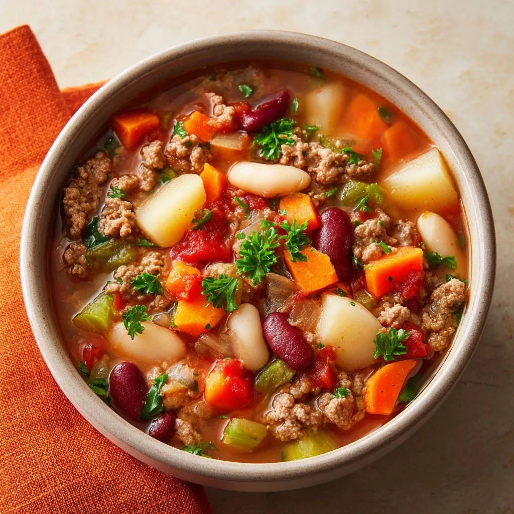 Hearty beef & bean soup in a rustic bowl, showcasing ground beef, potatoes, carrots, and kidney beans.