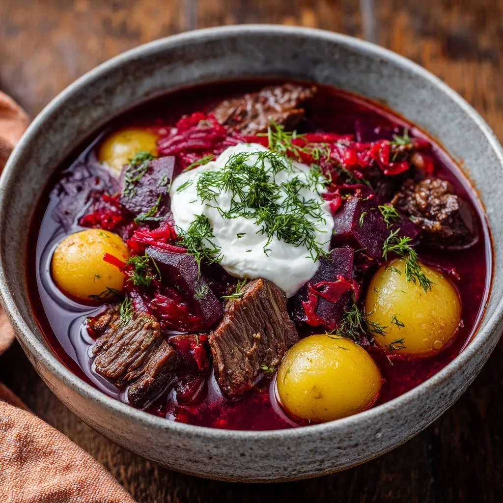 Hearty beef borscht served in a bowl, topped with a dollop of sour cream and fresh dill garnish.