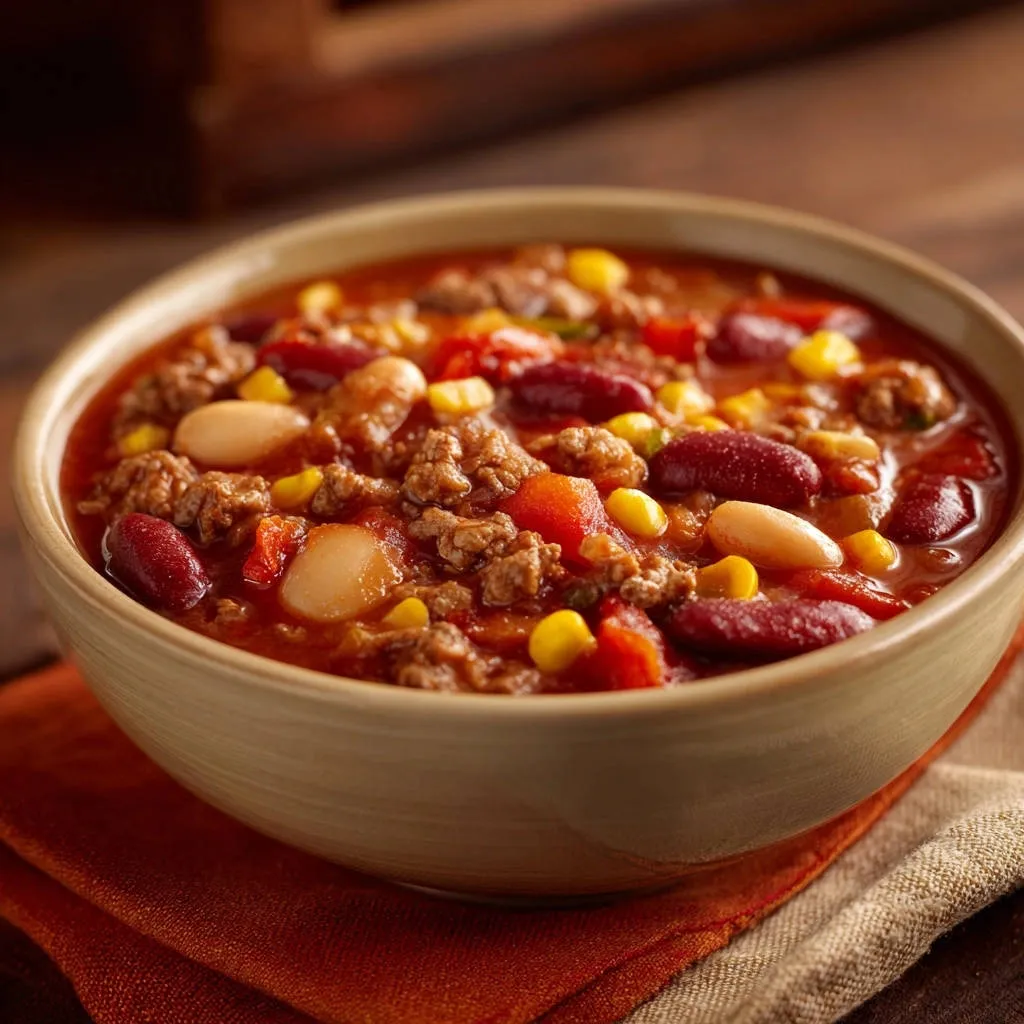 Hearty beef chili close-up in a bowl, showcasing kidney beans, corn, and ground beef in a rich tomato-based sauce.