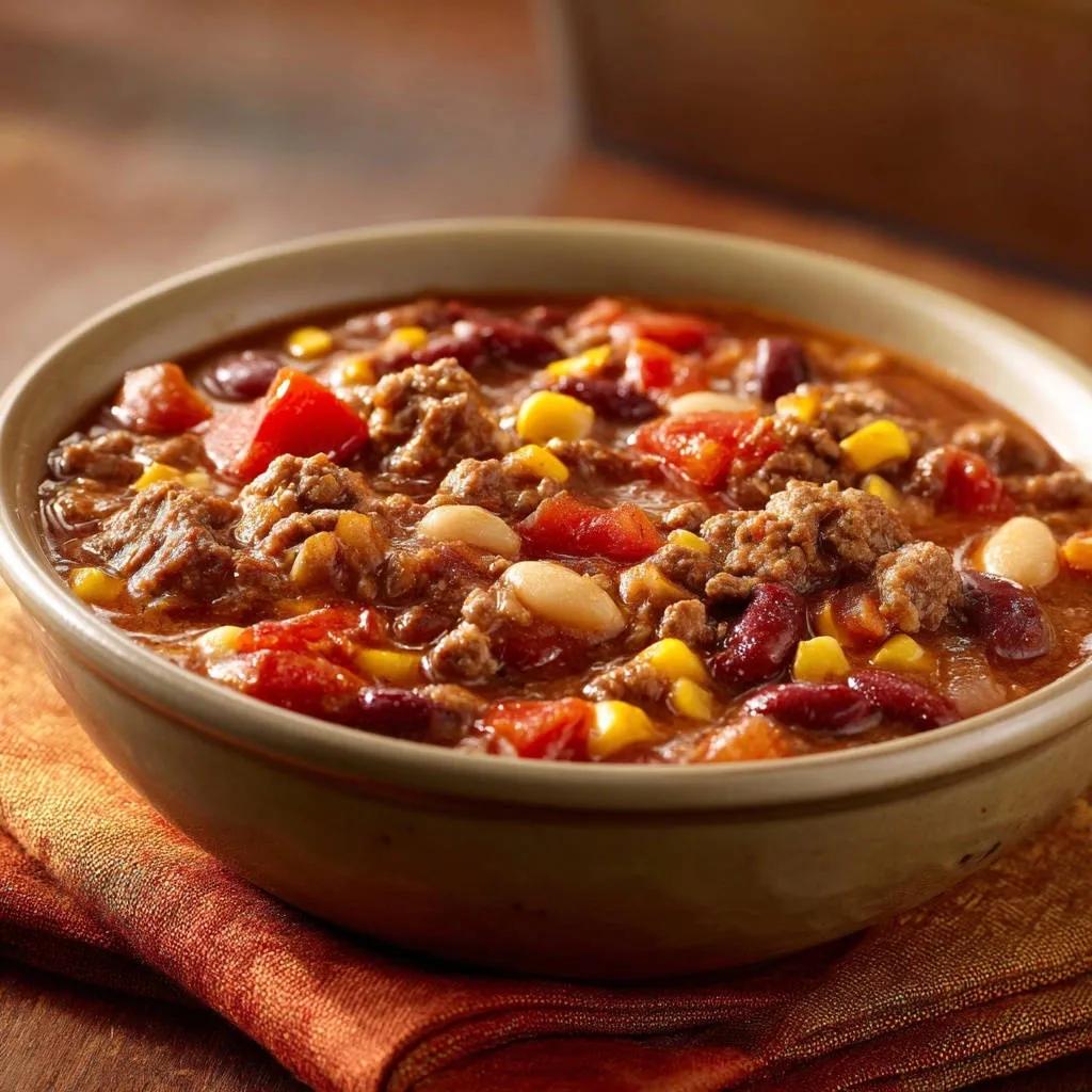 Hearty beef chili in a bowl, showing a close-up view of ground beef, kidney beans, corn, and tomatoes.