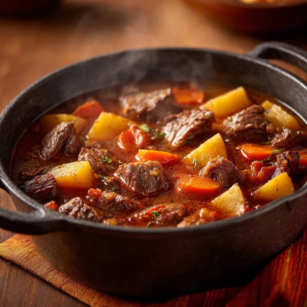 Hearty beef stew with potatoes and carrots steaming in a black cast iron Dutch oven.