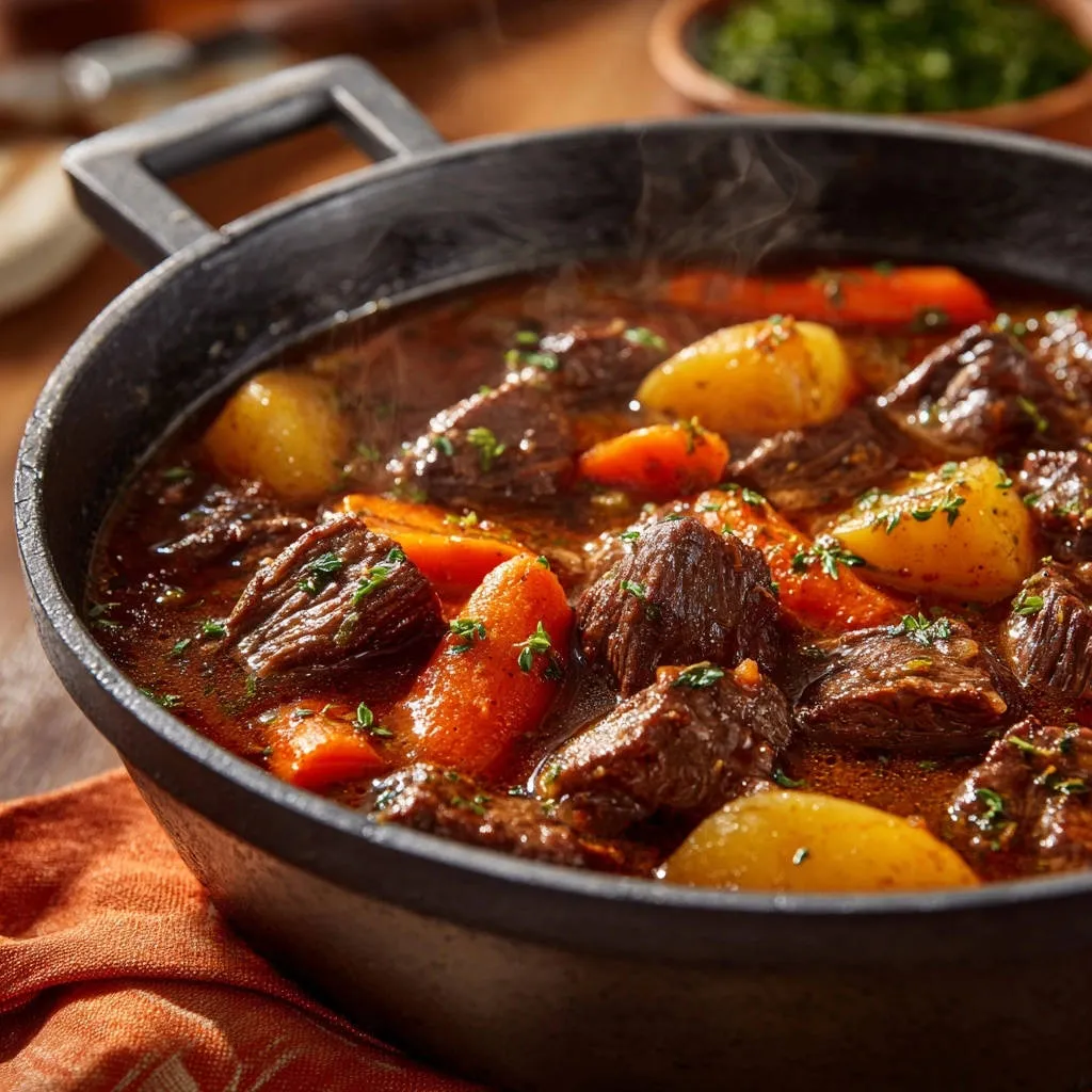 Hearty beef stew with potatoes and carrots steaming in a cast iron Dutch oven.