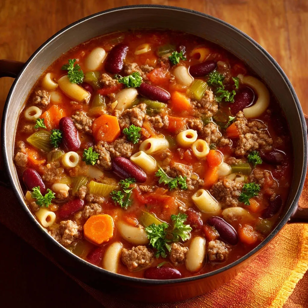 Hearty beef & veggie soup in a rustic pot, showcasing pasta, beans, and fresh parsley garnish.