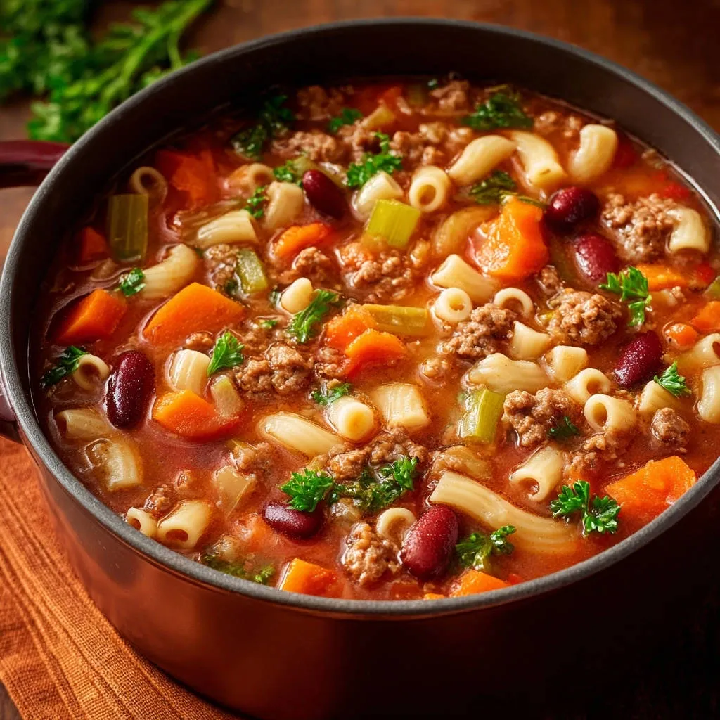 Hearty beef & veggie soup with pasta and kidney beans in a close-up bowl view.