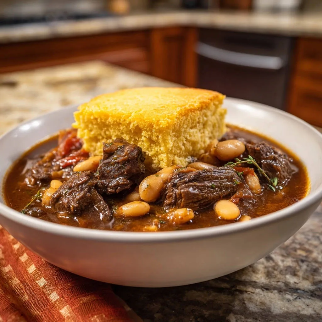 Hearty beef and white bean stew served in a bowl with a piece of cornbread, close-up view