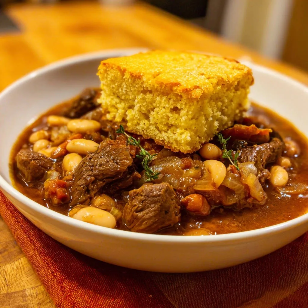 Hearty beef and white bean stew served in a bowl, topped with a thick slice of cornbread.