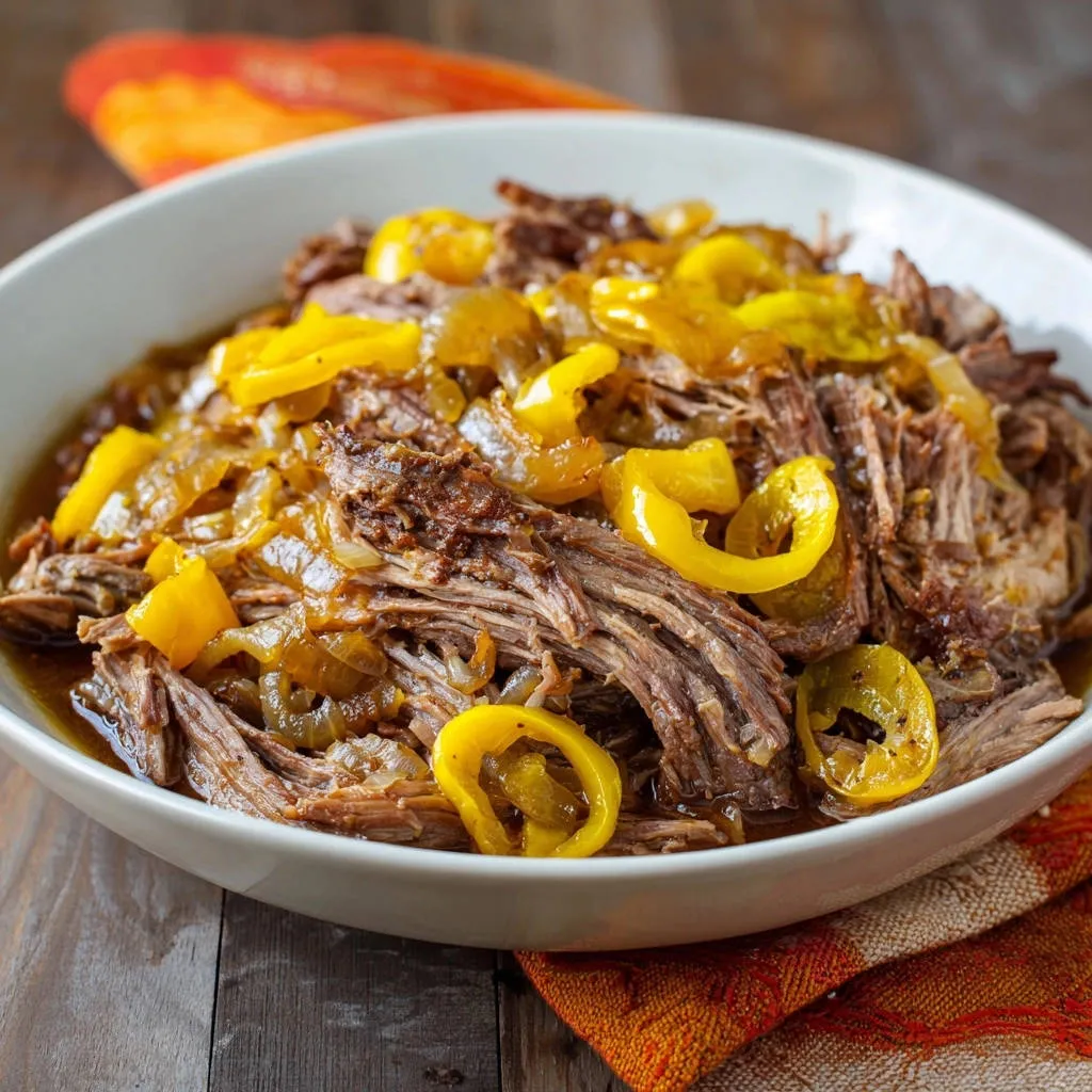Hearty braised beef with sweet peppers served in a white bowl, showing tender shredded meat and sliced peppers.