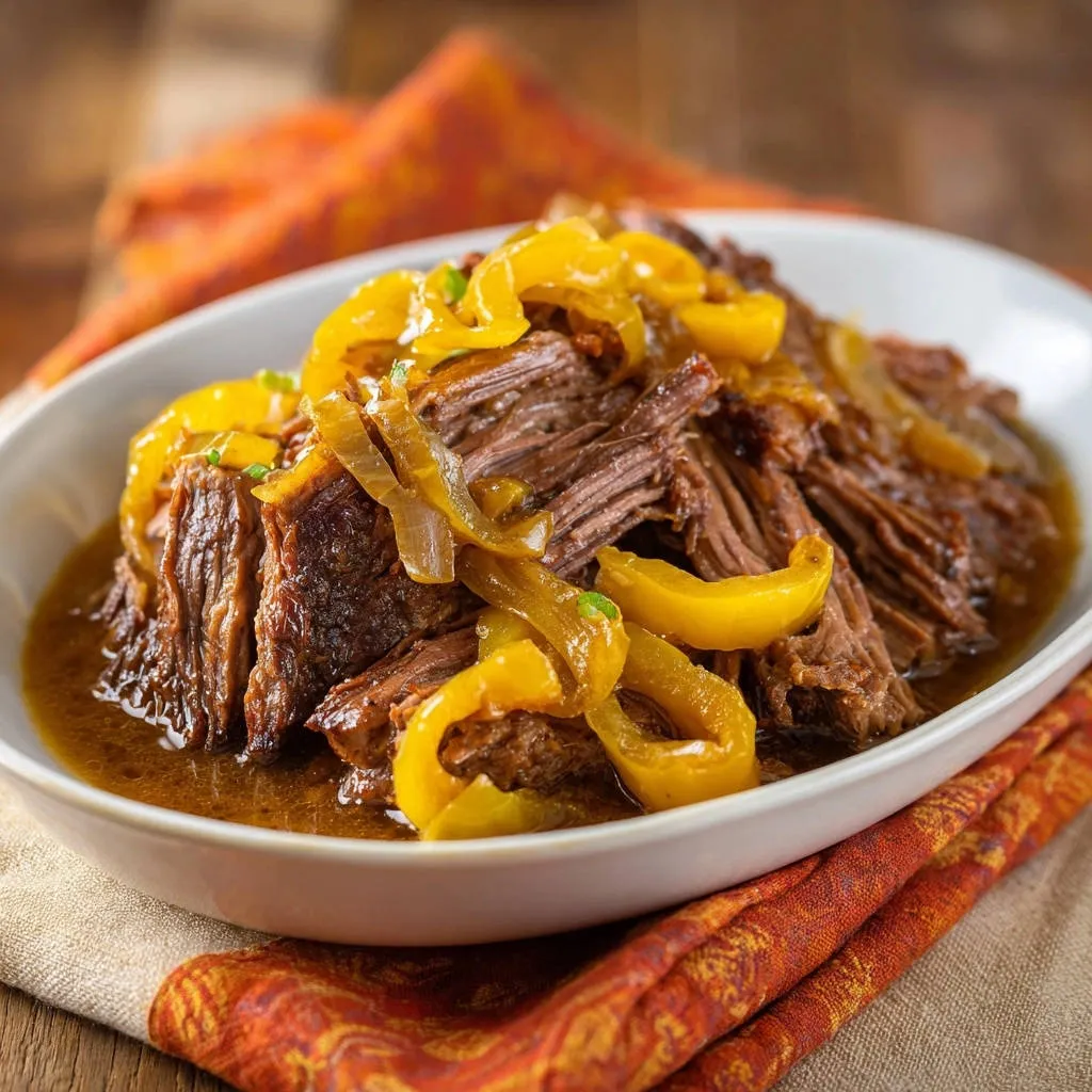 Hearty braised beef with sweet peppers served in a white bowl, showcasing the tender shredded meat and glistening sauce.