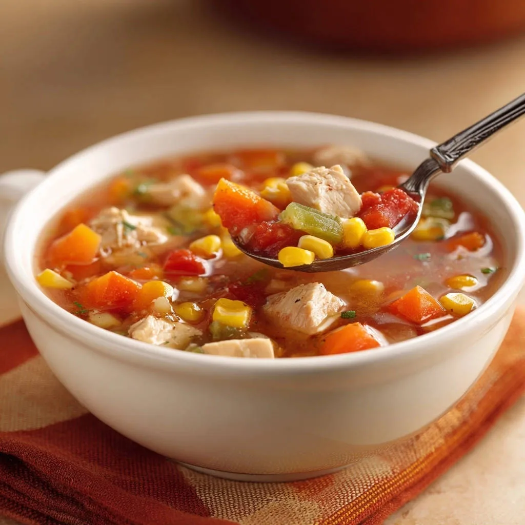 Hearty chicken & veggie soup shown in a white bowl with a spoonful lifted, highlighting tender chicken and corn.