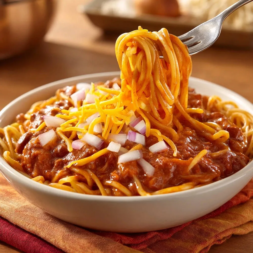 Hearty chili spaghetti being twirled onto a fork, topped with shredded cheese and diced onions.
