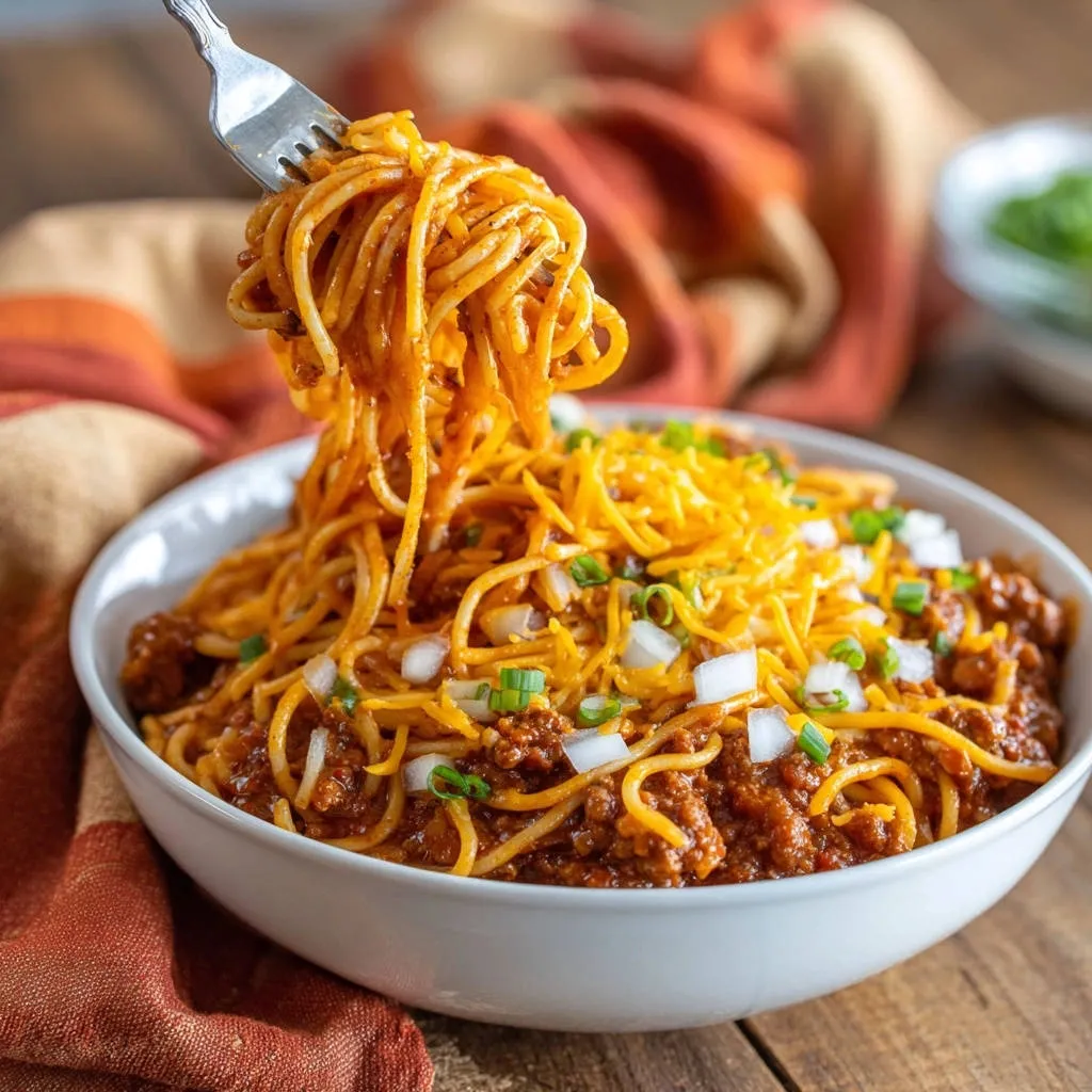 Hearty chili spaghetti being lifted by a fork, showcasing a generous cheese and onion topping.