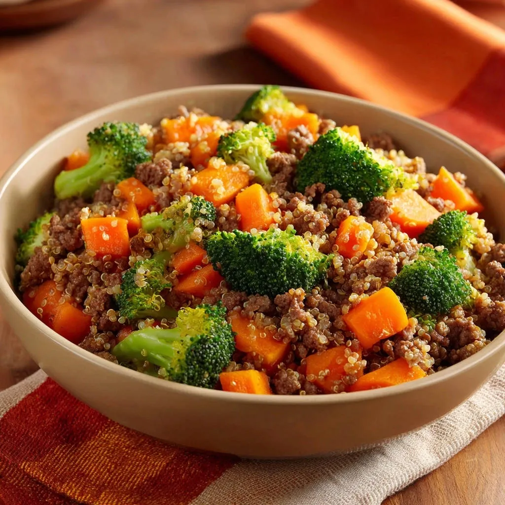 Hearty ground beef & quinoa bowl with broccoli and carrots shown in a close-up view within a beige bowl.