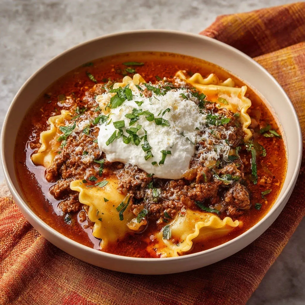Hearty lasagna soup topped with a dollop of ricotta cheese, ground meat, and fresh parsley.