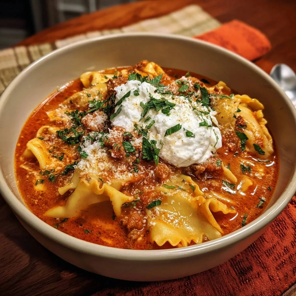 Hearty lasagna soup with tender noodles, rich meat sauce, topped with a dollop of creamy ricotta and fresh parsley.