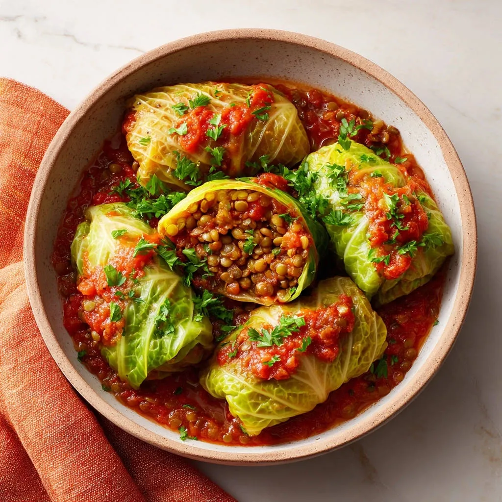 Hearty lentil cabbage rolls featuring a close-up cross-section showing the tender filling in a rich tomato sauce.