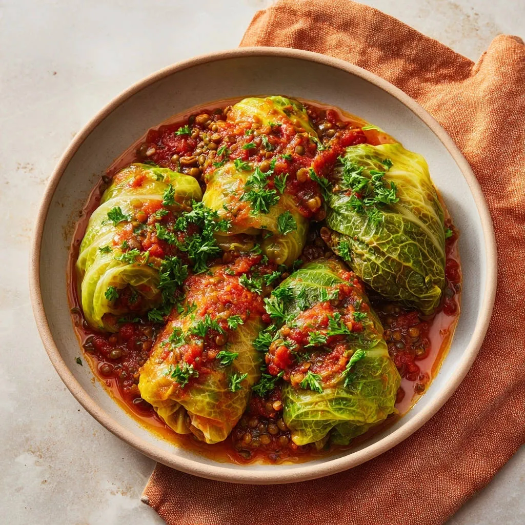Hearty Lentil Cabbage Rolls served in a rustic bowl, topped with tomato sauce and fresh parsley.