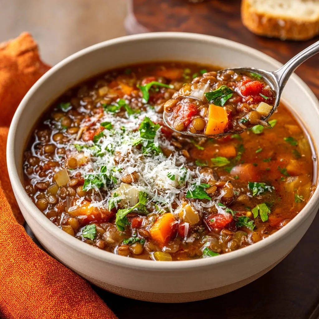 Hearty lentil soup with tender vegetables and fresh parsley, captured in a close-up spoonful detail.