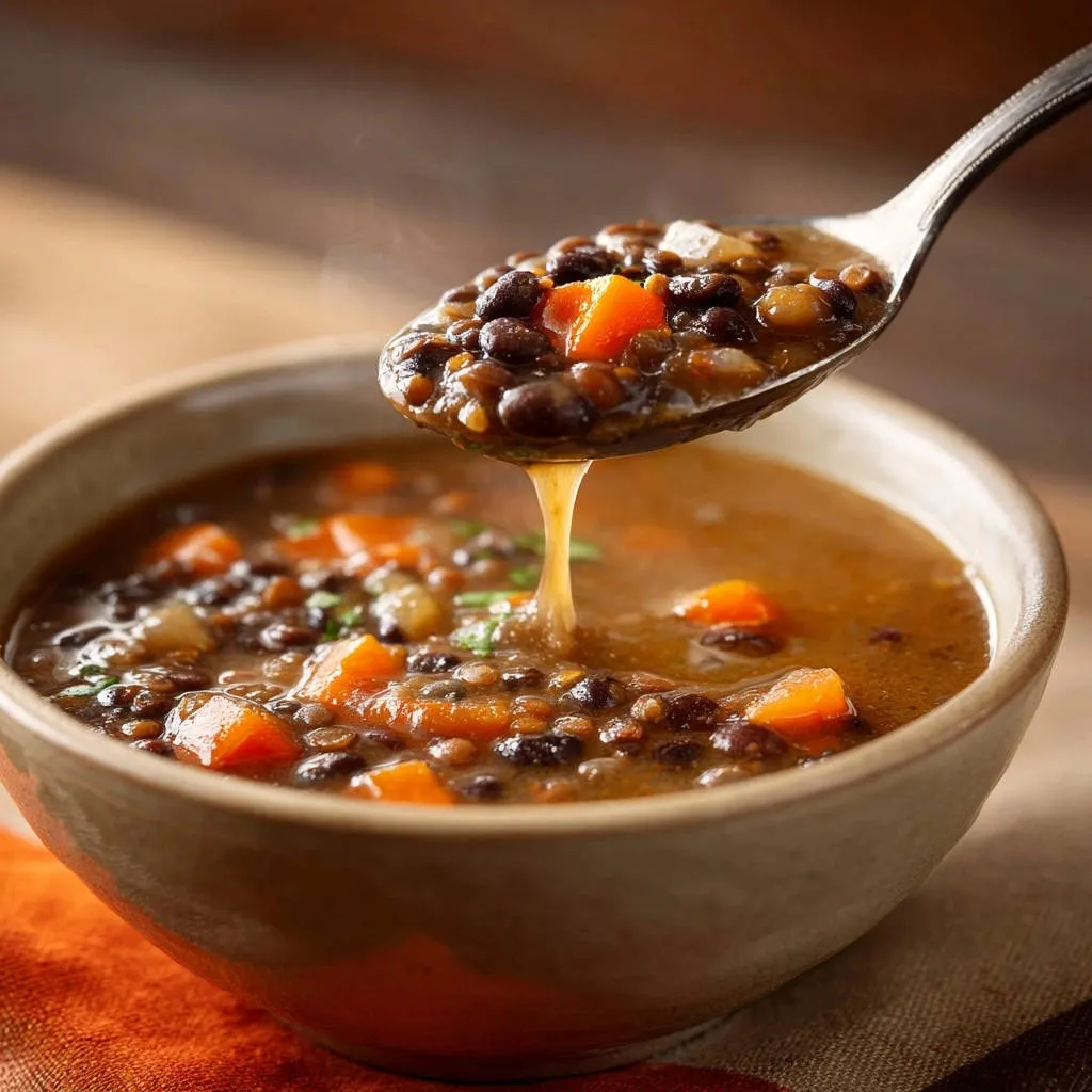 Hearty lentil soup shown in a bowl with a spoonful being lifted, revealing its rich texture and ingredients.